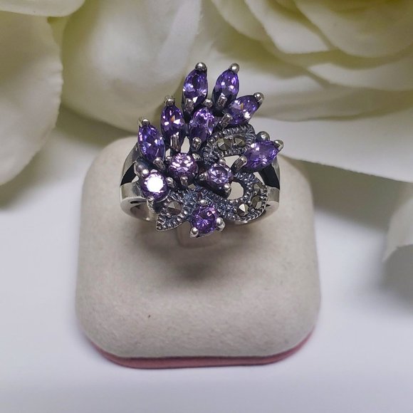 Vintage 925 Silver With Amethyst Stone Marcasite Women Ring - Picture 2 of 6
